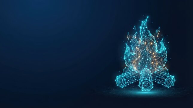 Digital 3D campfire with glowing blue flames and wooden logs, set against a dark background. Studio lighting highlights geometric design. Ideal for tech or nature-themed projects.