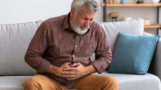 Man suffering severe stomach pain and cramps after eating contaminated shredded iceberg lettuce, showing foodborne illness symptoms, digestive discomfort, salad recall concerns, and health risks