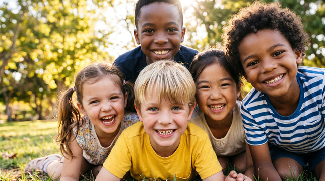 International Children's Day joyful portrait of diverse happy kids outdoors, multiethnic childhood friends laughing in sunny summer park, unity, friendship, active play, education, childhood celebrati