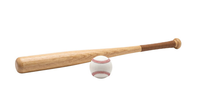 Wooden baseball bat and leather ball isolated on white, professional sports equipment for competition, classic ash wood bat with red stitched ball
