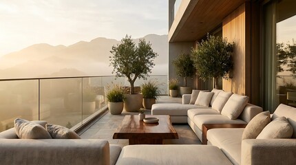Fototapeta premium Modern luxury terrace with comfortable outdoor seating and elegant olive trees, offering stunning panoramic mountain views during the serene golden hour