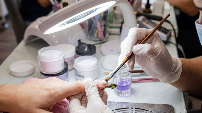 Acrylic nail extension sculpting manicure brush powder technician salon beauty precision process showing enhancement concept for nail service advertising training promotion and grooming campaigns