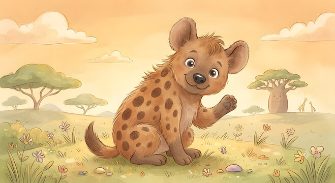 Cute brown hyena watercolor illustration smiling and waving in an African savanna landscape