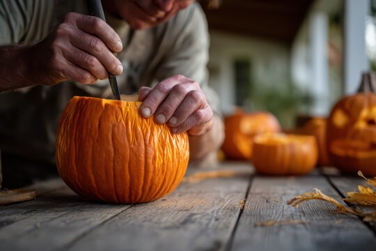 Hands carving a pumpkin with a chisel on a wooden table for halloween craft poster and autumn activity background