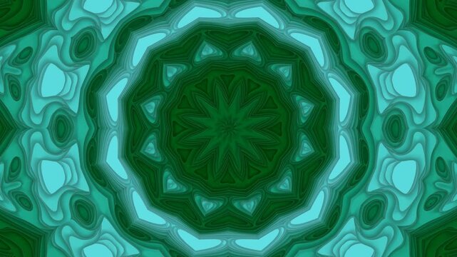 A mesmerizing continuous-looping video featuring an abstract digital artwork with intricate symmetrical designs that evolve fluidly into a kaleidoscopic pattern of green colors and dynamic borders