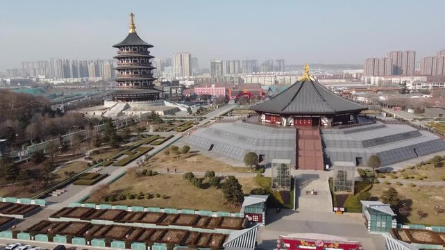 Aerial view of Lijingmen and the historic architecture of the old town in Luoyang, Henan, China.