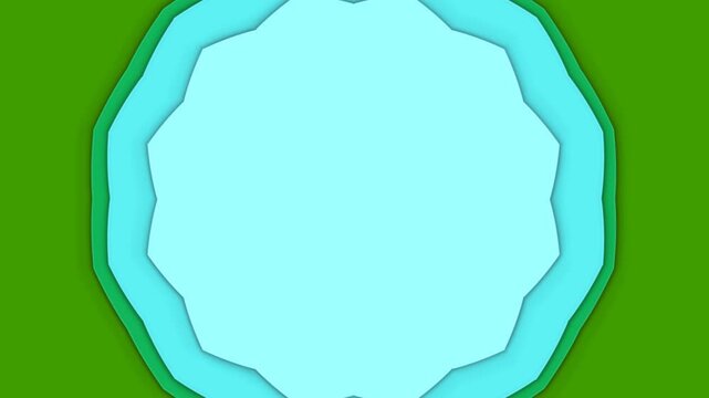 A highly stylized digital render featuring a complex, layered geometric design resembling multiple concentric octagonal shapes stacked in a symmetrical pattern against a vibrant green background