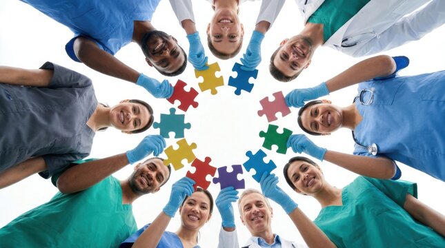 Diverse medical team holding puzzle pieces. Healthcare professionals solving clinical problems.
