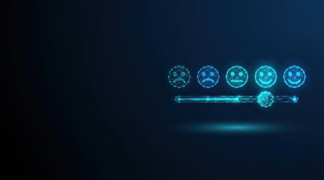 Digital interface displaying five emotion icons and a slider on a dark tech-themed background, conveying sentiment analysis or user feedback concept.