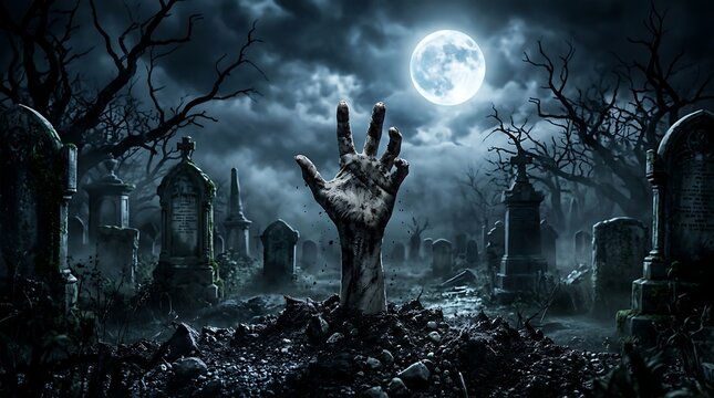 Spooky graveyard scene featuring a zombie hand rising from the ground under a full moon for a dark halloween background