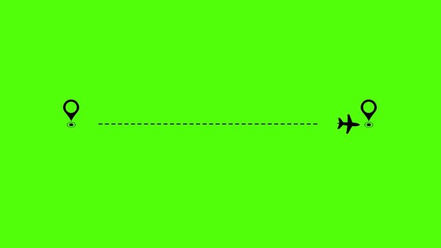 Airplane line path icon of airplane flight, travel flying route destination, air plane flight route with start point, Travel on airplane map simple animation background. green screen. 4k video. 