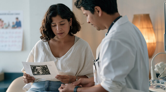 A sonographer adjusting equipment in a warmly lit examination room while a patient holds a printed ultrasound image, a bilingual family language learning calendar visible on the