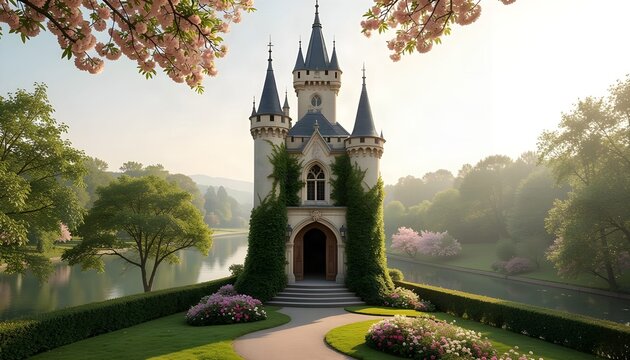 Picturesque gothic revival castle tower with slate spires, draped in green ivy, situated by a tranquil riverbank surrounded by blooming spring cherry blossoms.
