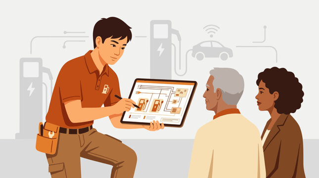 Electric vehicle charging station setup consultation with technician and clients