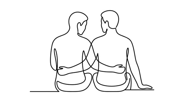 Two people sitting back to back with arms around each other in simple continuous line work
