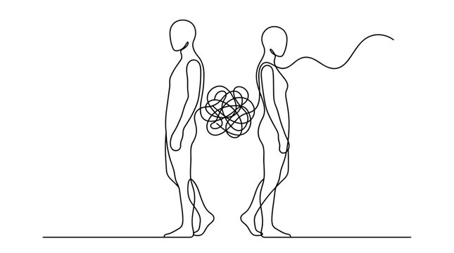 Continuous line art of two people back to back connected by tangled mess of knotted lines