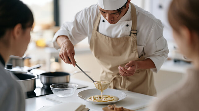 A culinary arts instructor stands at a sterile white background demonstration station, viewed over the shoulder of a student, oil water mix rainbow abstract macro pattern visible