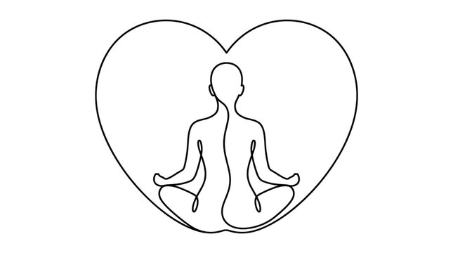 Minimalist continuous line art of a person sitting in lotus pose inside a heart shape border