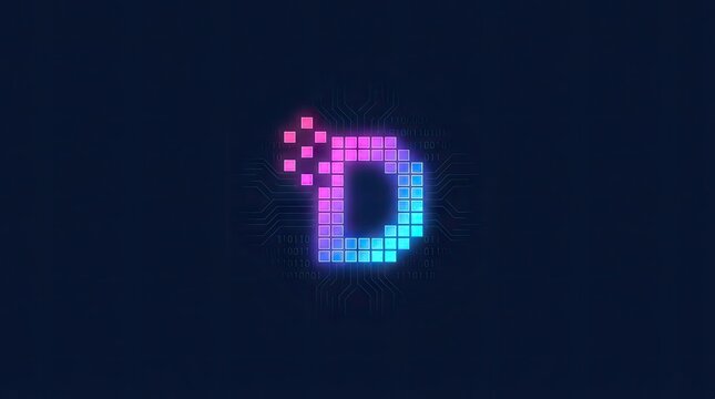 Glowing pixelated digital letter D on dark background.
