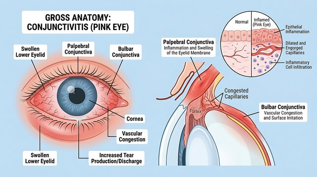 Medical infographic of conjunctivitis showing pink eye symptoms including swollen eyelids, vascular congestion, and inflammation of the palpebral and bulbar conjunctiva with cellular details