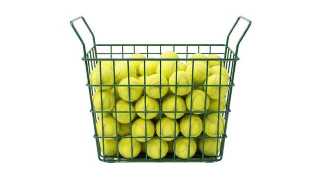 Tennis balls in wire basket, yellow felt sports equipment in green metal hopper, professional training gear isolated on white background