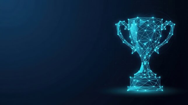 Isolated glowing wireframe trophy on dark blue background, studio lighting, top-down camera angle, modern minimalist style.