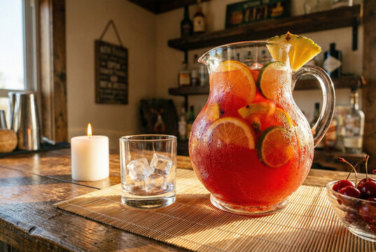 Refreshing red sangria cocktail with orange and lime slices in a large glass pitcher beside an ice glass, cherry bowl and lit candle on a rustic wooden bar illuminated by warm sunlight.