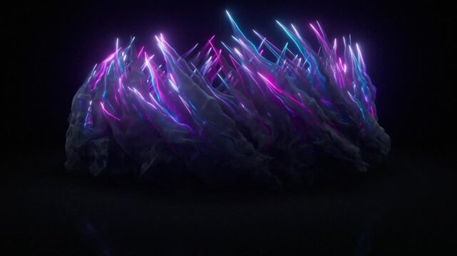 Futuristic Magical Glowing Energy Crystal Formation with Neon Cyan and Magenta Light, Abstract Sci Fi Organic Shards, Cinematic Holographic Surface for Premium Motion Graphics, Intro and Logo Reveal