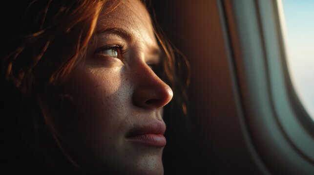 Young woman inside airplane, looking out window at cityscape below, low-angle perspective