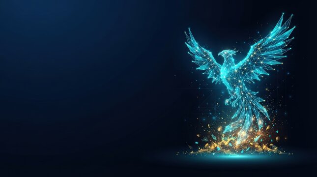 Digital phoenix bird with glowing blue feathers emerging from golden sparks, futuristic design, studio lighting, dynamic composition.