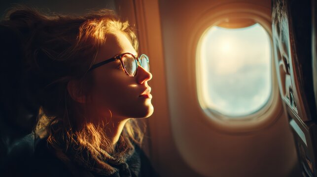 Young woman traveling by plane, looking out window, low-angle shot from aisle, soft morning sunlight 