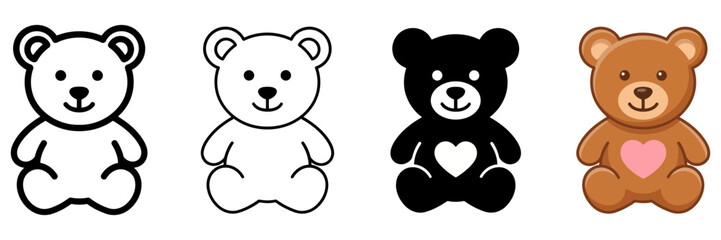 Naklejka premium Cute teddy bear icon set, brown plush toy with pink heart, black and white line art bear illustrations, 4 vector elements for baby shower and nursery design