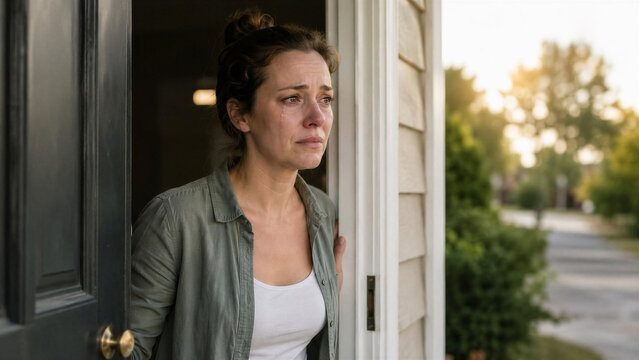 Sad and crying woman standing at the doorway of her house looking distressed