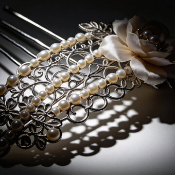 Ornate pearl and metal hair comb casting dramatic shadow on a dark surface 