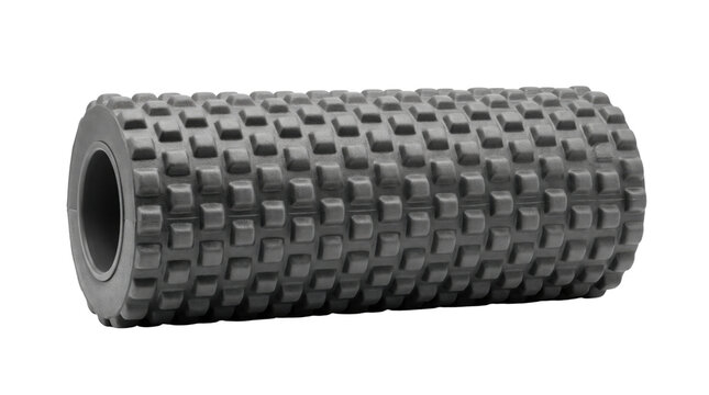 Black foam roller for muscle recovery, textured massage roller for fitness and physical therapy, deep tissue trigger point tool on white background