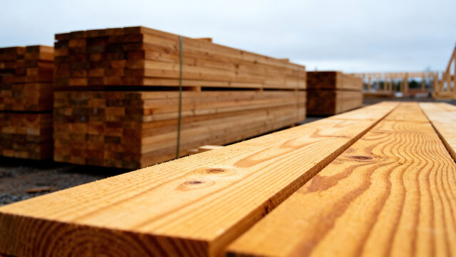 Wood plank grain and knots in sharp focus leading to a blurred lumber stack under overcast sky