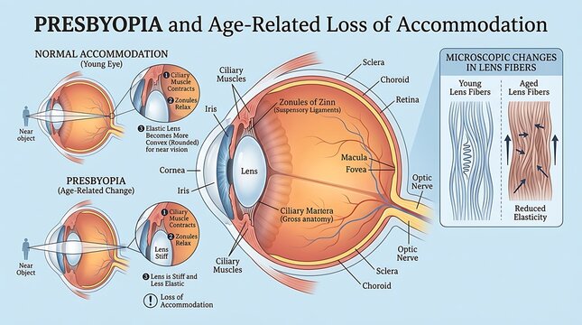 Detailed medical infographic explaining presbyopia and the loss of lens elasticity during aging compared to a young eye with microscopic views of lens fibers