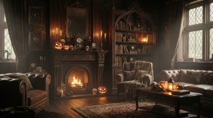 Fototapeta premium Gothic library interior with Halloween decorations and a roaring fireplace