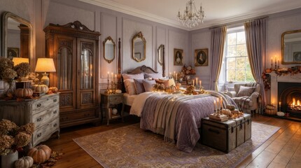 Fototapeta premium Cozy Autumn Bedroom Decor with Pumpkins and Fireplace Glow