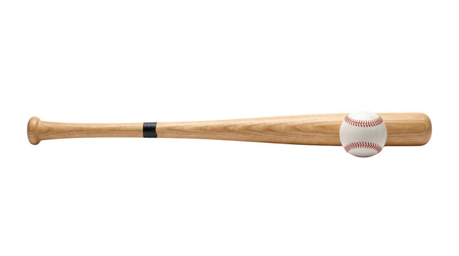 Wooden baseball bat and leather ball on white background, professional sports equipment for competition, classic ash wood bat with red stitched ball