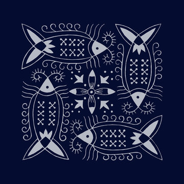 Miao Ethnic Fish Pattern Indigo Batik Background Traditional Craft JPG