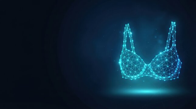 Illuminated wireframe bralette design with geometric blue lighting against a dark backdrop, studio shot, modern minimalist mood.