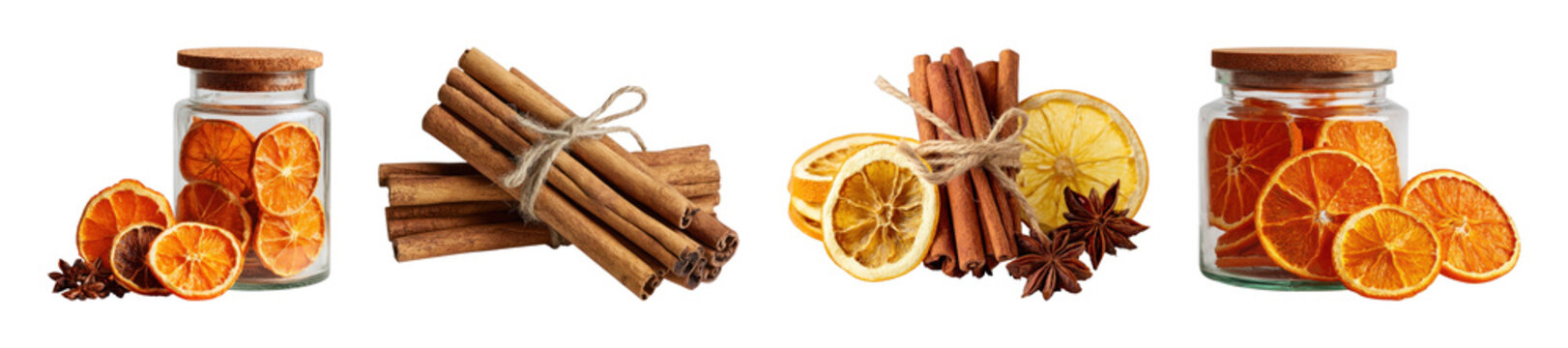 PNG Dried citrus and cinnamon sticks in glass jars, transparent background