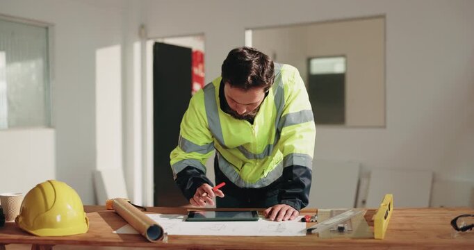 Man, engineer and tablet with document for construction, blueprint and sketch for architecture. Person, drawing and tech at site with paperwork, floor plan and property layout for building expansion
