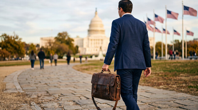 Business professional walking toward the US Capitol Building at sunrise with American flags, leadership, democracy, government, public service, patriotism, political concept, Washington DC
