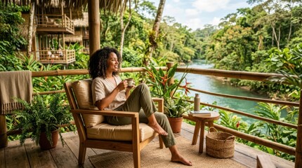 Obraz premium Woman enjoying coffee on a balcony overlooking a lush jungle river
