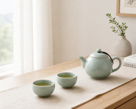 Celadon teapot and two cups on natural linen runner, serene tea time and home decor concept.