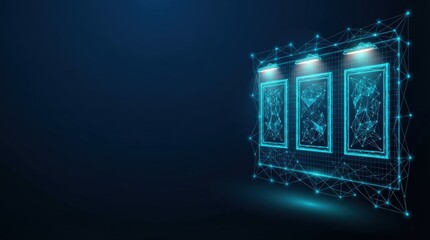 Obraz premium Abstract digital display showing three interconnected panels with glowing blue circuit patterns, set against a dark tech-themed background. Studio lighting emphasizes depth and connectivity.