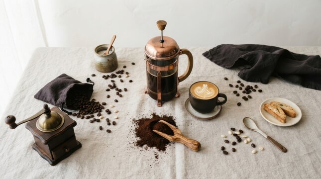 Morning coffee preparation with french press and grinder