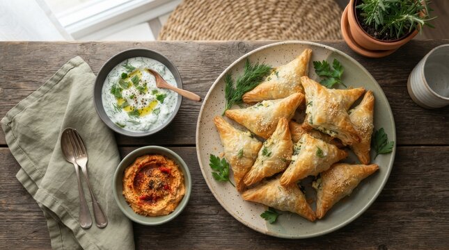 Delicious Mediterranean appetizers with creamy yogurt dip and hummus served on rustic table